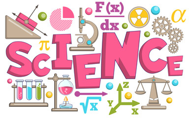 Science. Lettering. A set of scientific icons. Isolated on white background. Vector illustration.