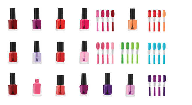 Assortment of vibrant nail polish bottles and colorful makeup brushes arranged neatly in rows.