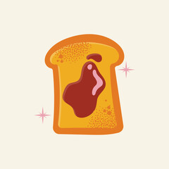 Retro Toast with Jam Vector Illustration. Sweet Breakfast Bread with Fruit Spread, Jelly, Marmalade. Flat Hand-Drawn Food Snack Graphic Icon