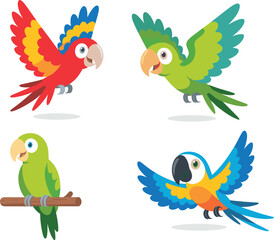 Colorful cartoon parrots and macaws in flat vector style flying and perching, tropical exotic bird illustration set for kids design, stickers and decor assets