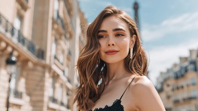 Elegant woman fashion beauty skincare makeup earrings brunette dress summer Paris elegant woman beauty skin care fashion model Paris street Eiffel Tower summer smile elegant woman fashion portrait