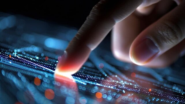 Finger touch technology interface neon glow abstract digital data surface close view macro light trail micro dot pattern futuristic touch interface digital fingertip pixel light blue neon bokeh cyber