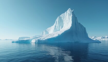 Huge iceberg floats in vast polar sea under clear bright sky. Generative AI created pristine ice landscape. White glacial formation reflects sunlight on deep blue ocean water. Cold arctic scene shows