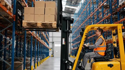 Man operating a yellow forklift and moving cardboard boxes on a pallet between warehouse shelves, transportation concept in logistics footage. - Powered by Adobe
