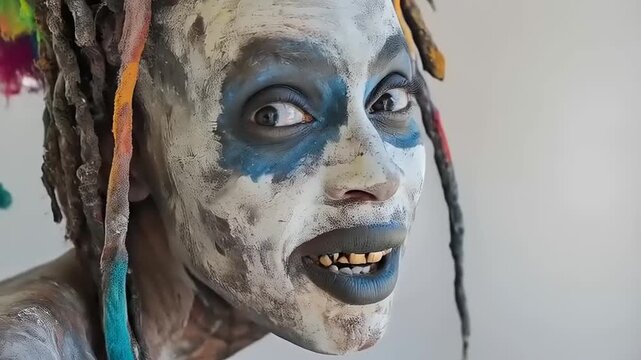 Captivating close-up of a model with striking face paint and dreadlocks style