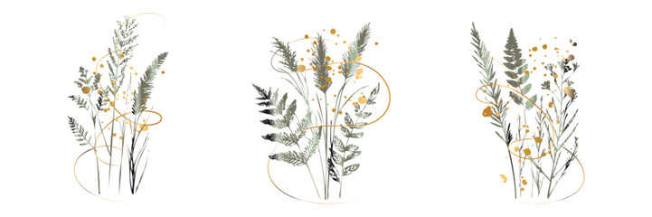 Elegant green and gold botanical grasses and ferns in modern minimal vector style.