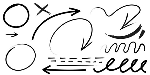hand drawn sketch pencil drawing many different arrow element set, graphic vector pen scribble icons isolated on transparent png