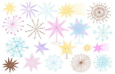Isolated stars and snowflakes. Winter Christmas festive illustrations.