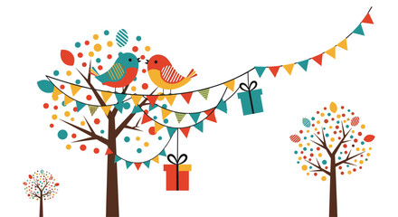 Two birds perched on a decorated tree with colorful festive garlands and gift boxes hanging from the branches.