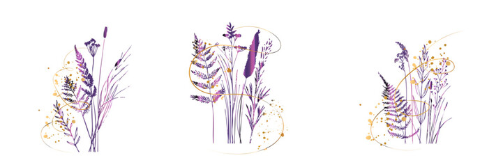 Elegant violet and gold botanical grasses and ferns in modern minimal vector style.