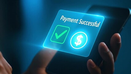 Mobile Payment Success: Hand holding smartphone with a glowing holographic 'Payment Successful' notification, symbolizing secure digital financial ... - Powered by Adobe
