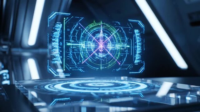 A futuristic holographic display projects complex data with a glowing blue and green interface.