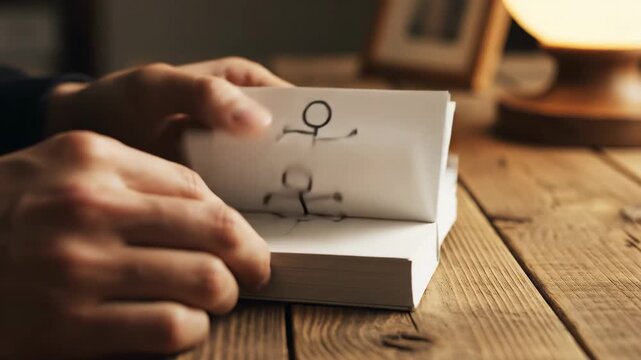 Stick Figure Animation Flipbook - A close-up shot shows a person's hands flipping through a handmade flipbook animation on a wooden desk. The animation shows a simple stick figure character in motion.
