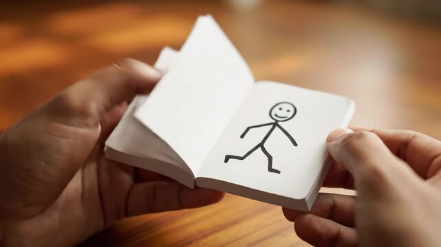 Flipbook Animation in Hands - Close-up shot of hands flipping through a flipbook with a simple stick figure animation.