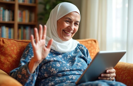 Elderly muslim woman wearing white hijab and blue dress sitting on orange sofa. She is happy and waving hand while holding tablet computer. Indoor scene with bookshelf in background.
