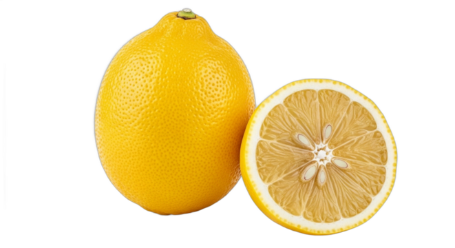 A whole fresh yellow lemon and a juicy half slice isolated on a clean transparent background png.