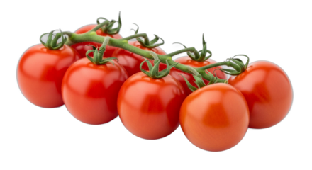 A fresh bunch of ripe red cherry tomatoes on the vine.