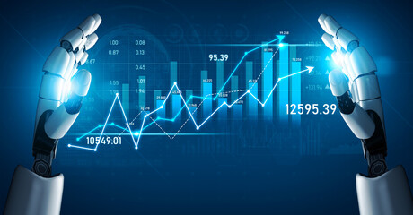 Digital concept of robotic hands showcasing a financial growth graph, representing technology and...