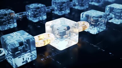 Blockchain technology securing data transactions with interconnected glowing cubes and dynamic digital chains in an abstract cyber environment. - Powered by Adobe