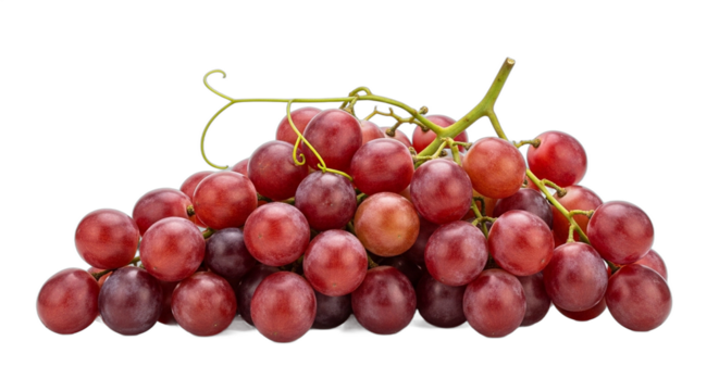 A fresh bunch of ripe red grapes with a green stem isolated on a transparent background png.
