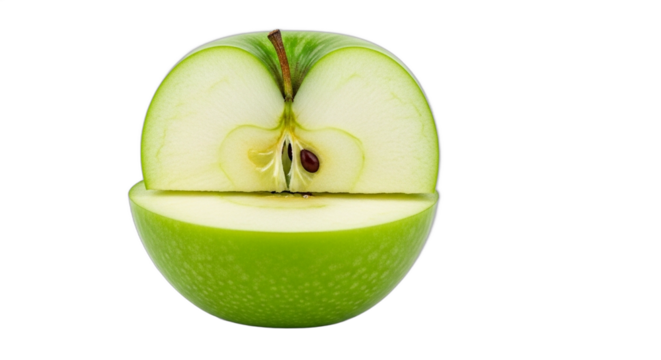 A fresh green apple cut in half showing the core and seeds inside.