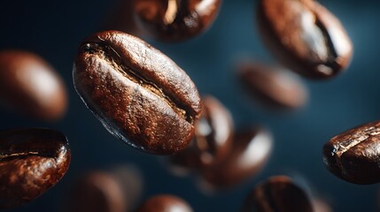 Fototapeta premium Close up of roasted coffee beans floating in the air on dark background