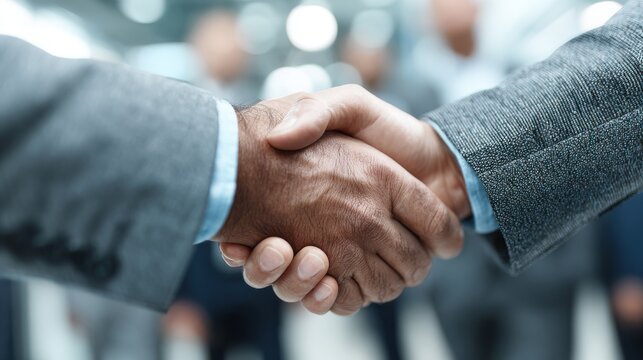 Corporate partnership meeting: two professionals in business suits shaking hands with blurred colleagues in modern office background