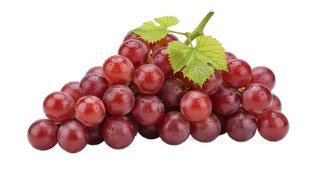 Fototapeta premium A large cluster of fresh ripe red grapes with green leaves isolated on a transparent background png.
