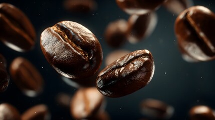 Close up of roasted coffee beans floating in the air on dark background
