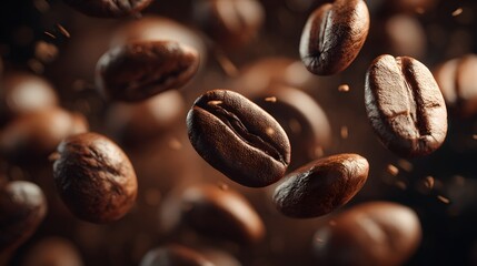 Fototapeta premium Close up of roasted coffee beans floating in the air on dark background