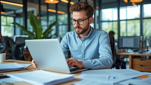 Focused Professional in Modern Workspace: A focused professional, engrossed in his work on a sleek laptop, embodies the essence of productivity within a modern office setting.