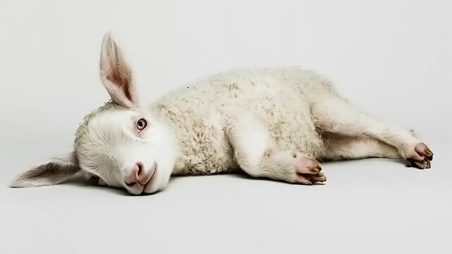 Sweet slumber: A peaceful and gentle resting pose of a fluffy lamb against a soft backdrop