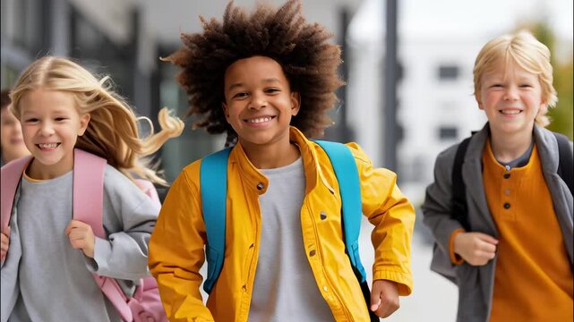 Diverse schoolchildren laughing, running together outdoors, enjoying friendship and youthful energy after final rings school bell video 4k - Powered by Adobe