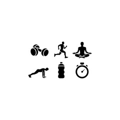 6 fitness icons dumbbell, running, yoga, push-up, solid black vector fill, white background
