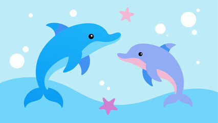 Two dolphins swimming with starfish and bubbles on transparent background