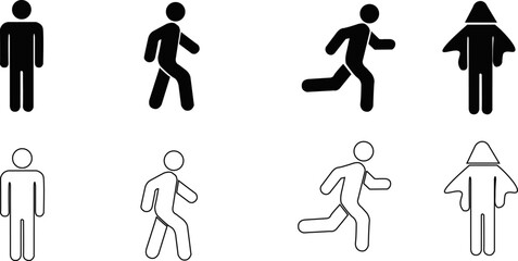 Stick figure icons showing different movements, black and outline