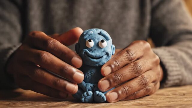 Protecting a Clay Figure - A blue clay figure sits on a wooden table with a forlorn expression as dark-skinned hands protectively hover around it.