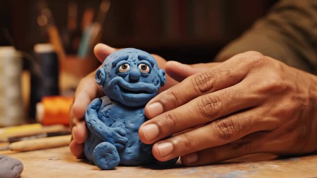 Sad Claymation Character - A close-up shows a pair of human hands cradling a small, blue claymation figure with a deeply sad expression.
