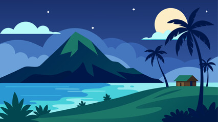 Obraz premium Night landscape with mountain and palm trees view on transparent background