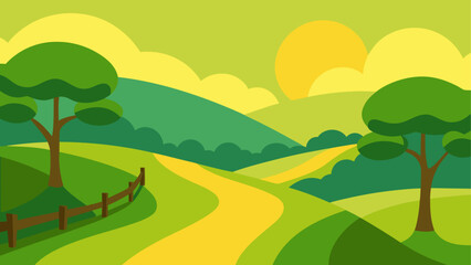 Fototapeta premium Cartoon landscape with trees and winding road view on transparent background