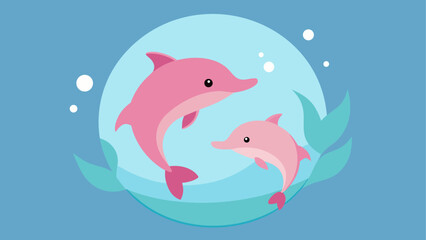 Obraz premium Two pink dolphins swimming in a blue water scene on transparent background