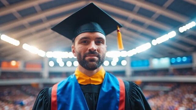 Triumph of Education: A graduate, adorned in cap and gown, exudes pride and accomplishment amidst the celebratory atmosphere of a graduation ceremony, symbolizing knowledge and ambition.