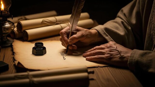 Man writes on ancient scroll with quill and ink. Biblical scribe documenting scripture, lit by oil lamp, in a historical setting.
