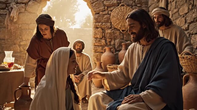 Biblical Scene of Jesus Speaking - This video depicts a biblical-era scene with a central figure, Jesus, speaking to a kneeling woman while others observe.