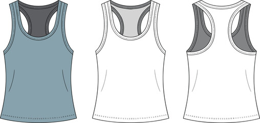 Athletic tank top front and back view, racerback silhouette fashion sketch, vector apparel template, sporty women’s clothing design