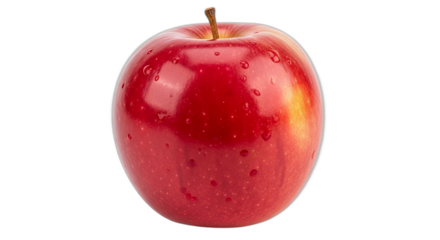 A single fresh ripe red apple with water droplets on its shiny skin.