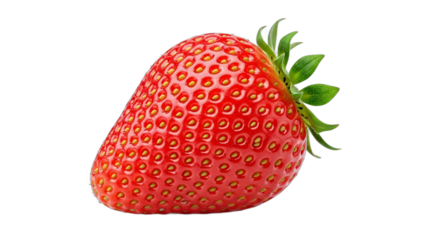 A single fresh ripe red strawberry with a green leafy top.