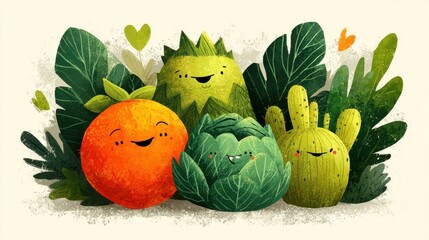 Accessible wellness program: friendly cartoon fruits and cacti with happy expressions displayed at food bank distribution center with leafy greens