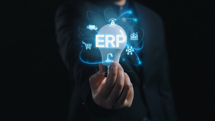 ERP platform visual showing centralized system for enterprise resource planning, improving integration, data flow, business efficiency, finance, inventory, and human resources. Elide