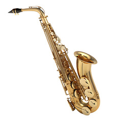 Naklejka premium A golden saxophone instrument with keys and mouthpiece isolated on a black background in a studio shot